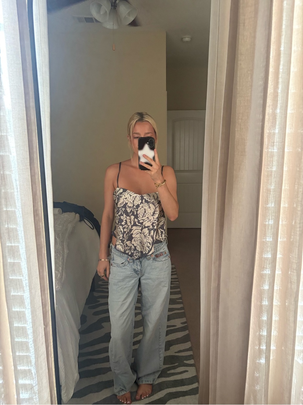 Free People Floral Satin Tank in Black and Cream
